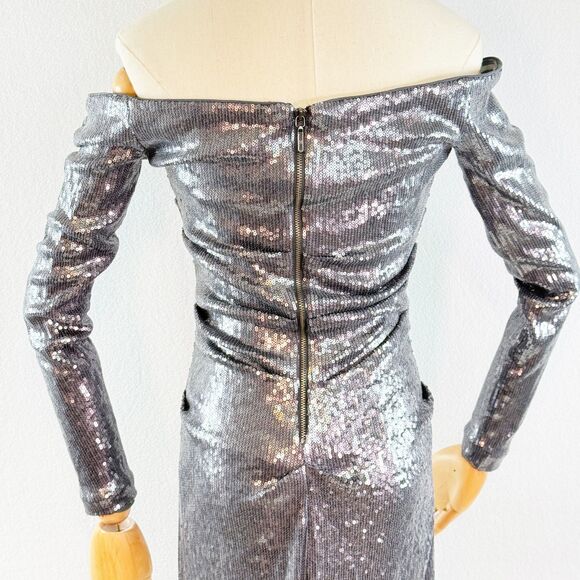 Nicole Miller | Silver Sequin Long Sleeve Off Shoulder Body Dress Ruched | Sz 6 - Picture 8 of 9